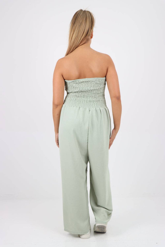 ITALIAN SHIRRED ELASTICATED WIDE LEG JUMPSUIT: BEIGE