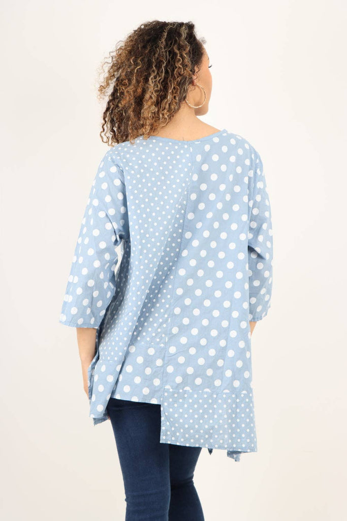 ITALIAN POLKA DOT PRINT ASYMMETRIC COTTON TUNIC TOP: GREY