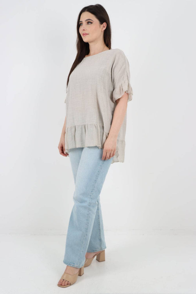 ITALIAN LAGENLOOK RUFFLE HEM COTTON TOP: DARK DENIM