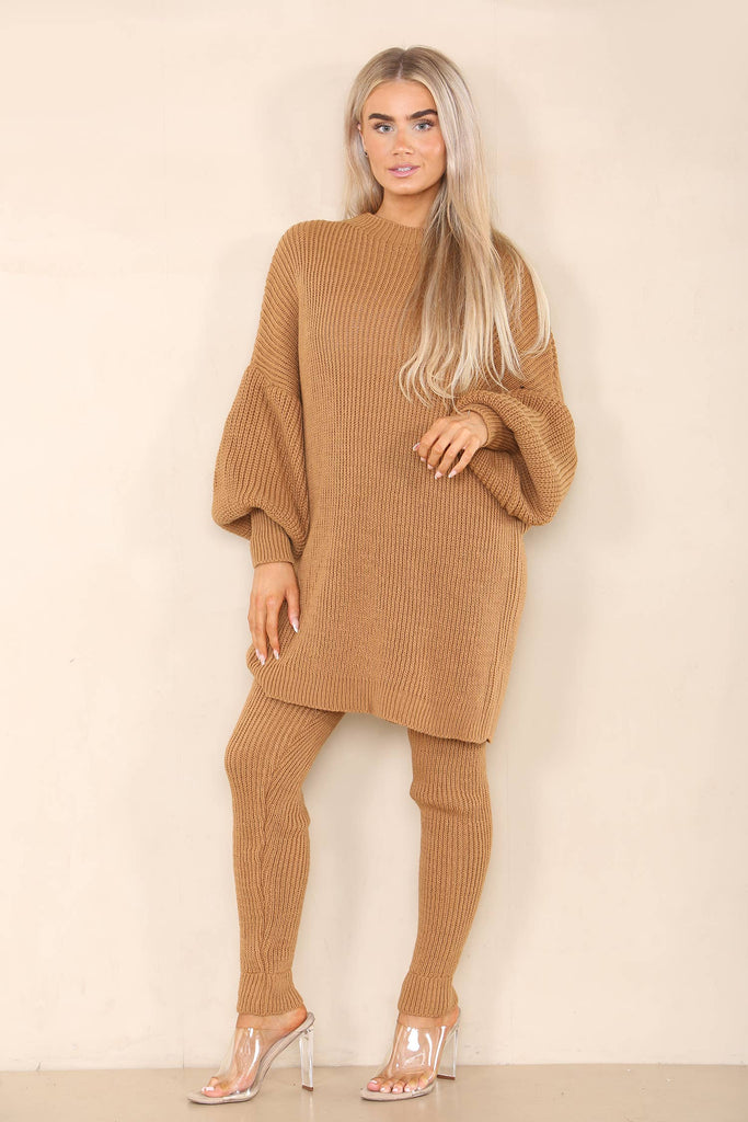 BEIGE OVERSIZED KNIT TOP LOUNGEWEAR SET