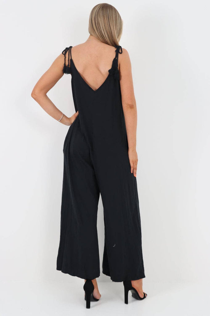 ITALIAN TIE SHOULDER STRAP JUMPSUITS: BLACK