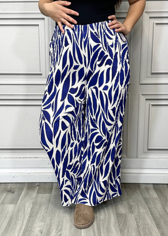 MULTI PRINT SUPER STRETCHY PLEATED PANTS : ROYAL BLUE & WHITE