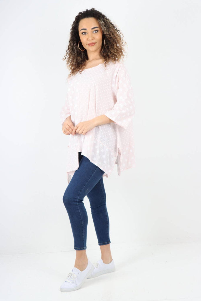 ITALIAN POLKA DOT PRINT ASYMMETRIC COTTON TUNIC TOP: PINK