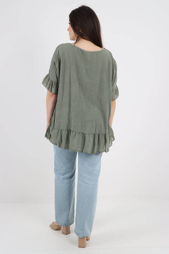 ITALIAN LAGENLOOK RUFFLE HEM COTTON TOP: DARK DENIM