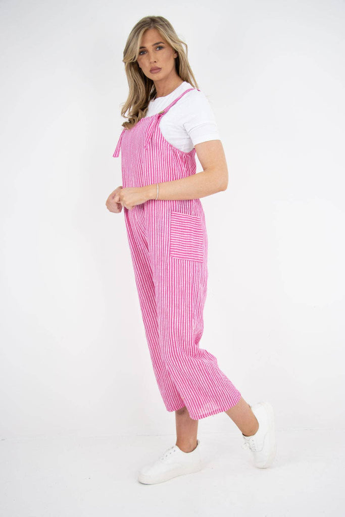 ITALIAN STRIPE PATTERN SIDE POCKETS COTTON DUNGAREES: FUCHSIA