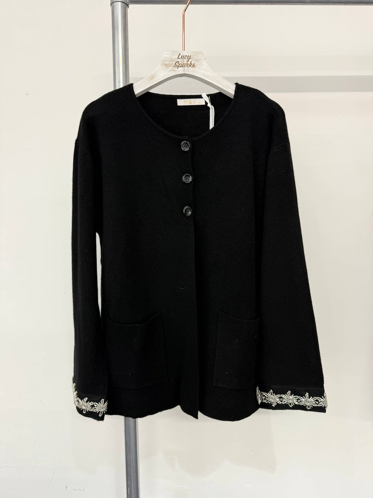 SOFT KNIT CARDIGAN WITH EMBELLISHED SLEEVES: BLACK