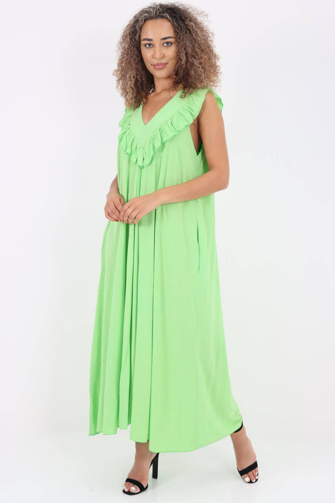 ITALIAN FRILL V NECK SIDE POCKETS MAXI DRESS: PINK / ONE SIZE TO FIT UK 8-18