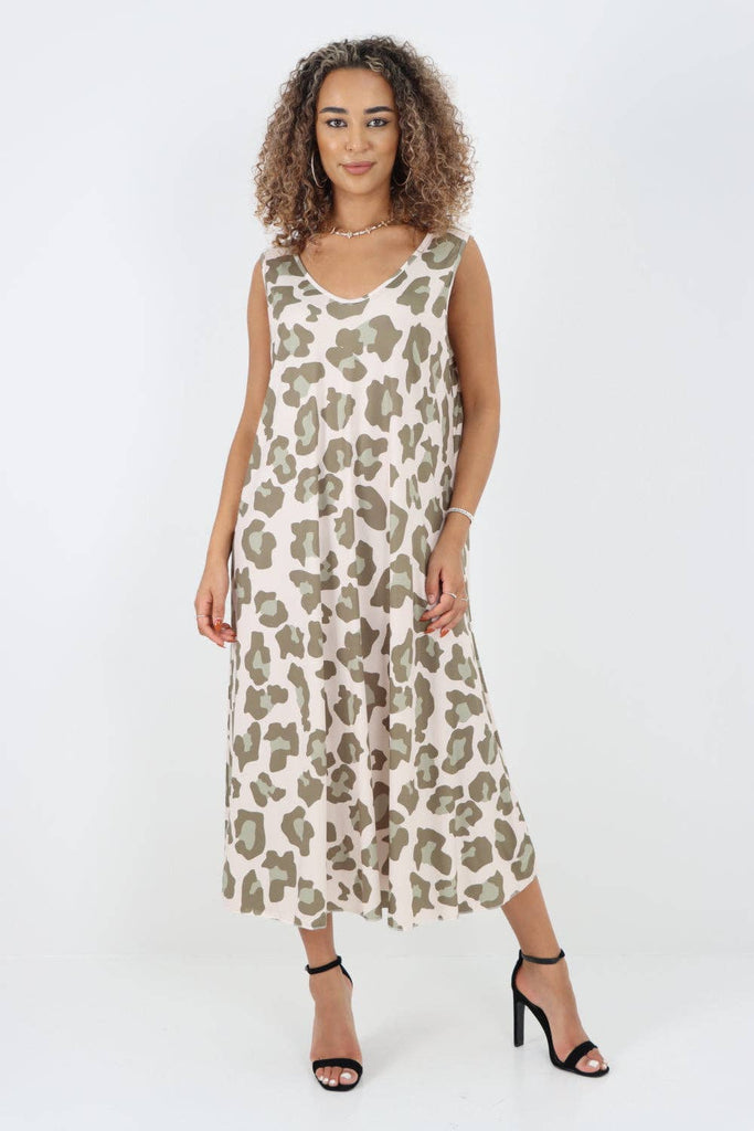 ITALIAN ANIMAL PRINTED SLEEVELESS VEST MIDI DRESS: KHAKI / ONE SIZE TO FIT UK 8-16