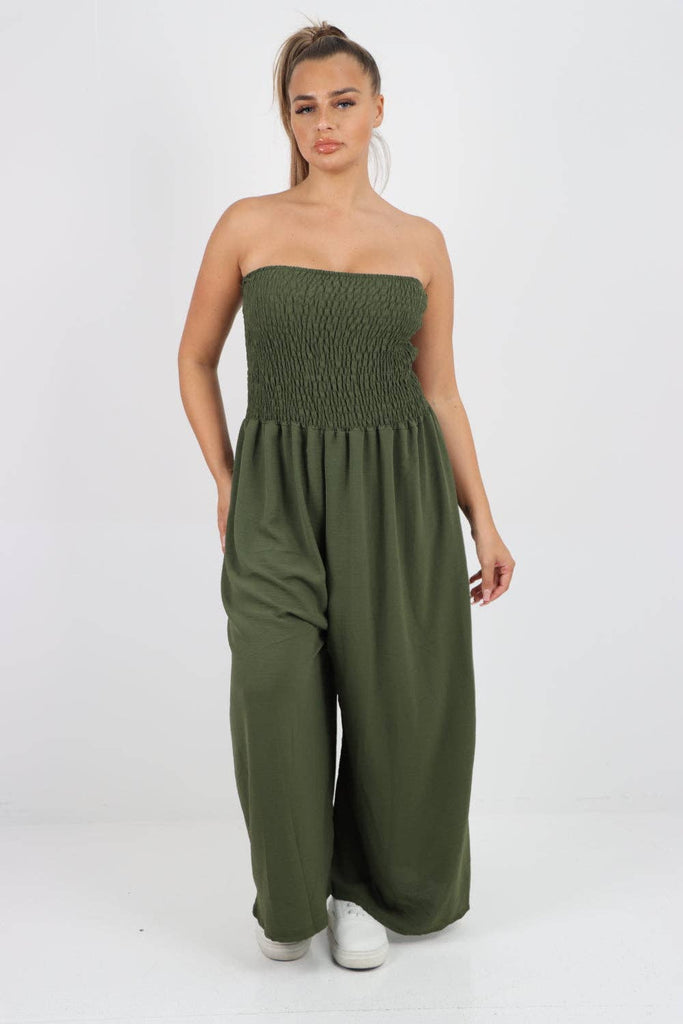 ITALIAN SHIRRED ELASTICATED WIDE LEG JUMPSUIT: BEIGE