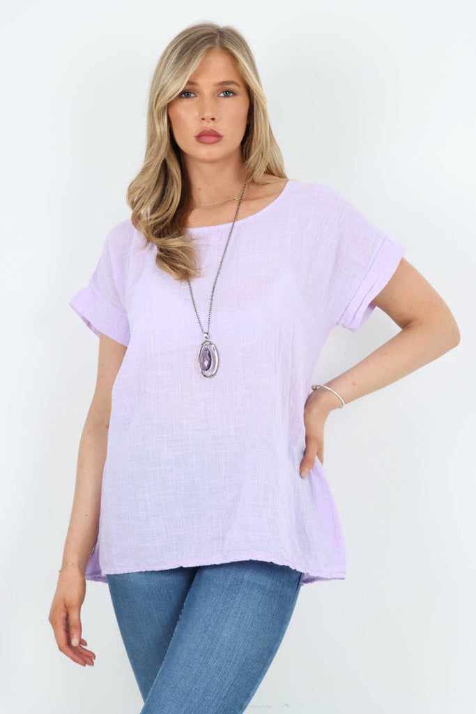 ITALIAN SHORT SLEEVE COTTON NECKLACE TOP: CORAL