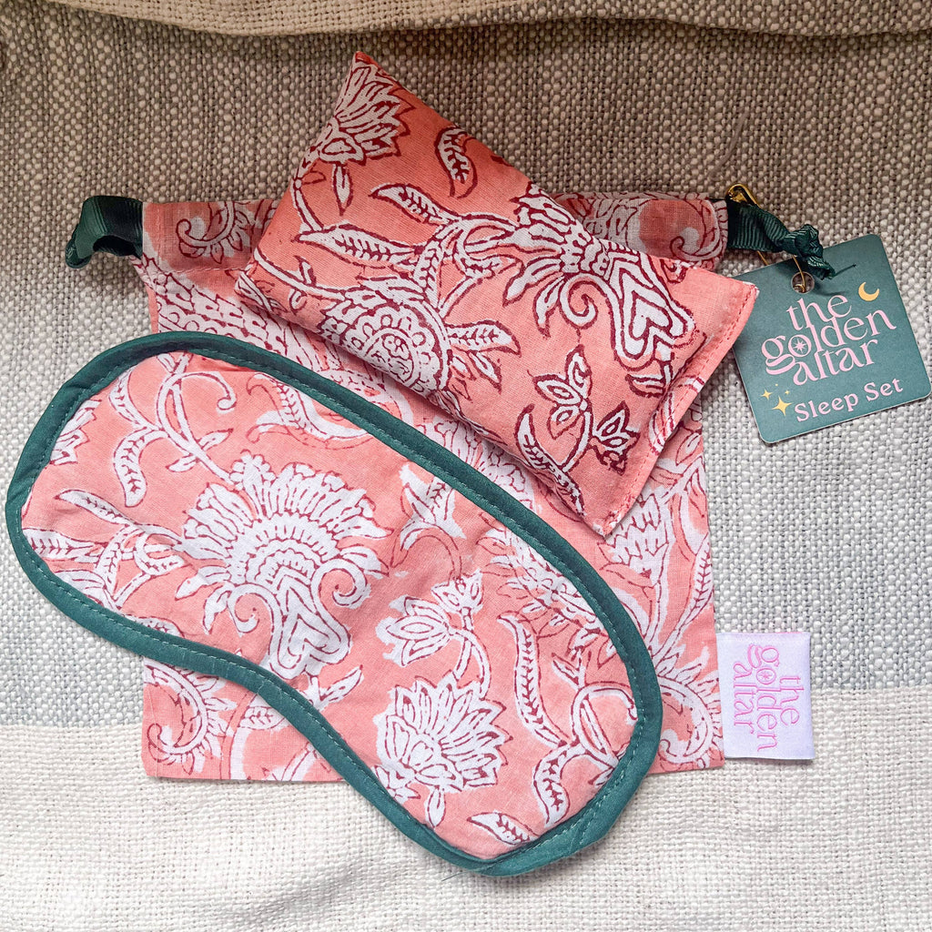 SLEEP MASK SET - BLOCK PRINT FABRIC PINK