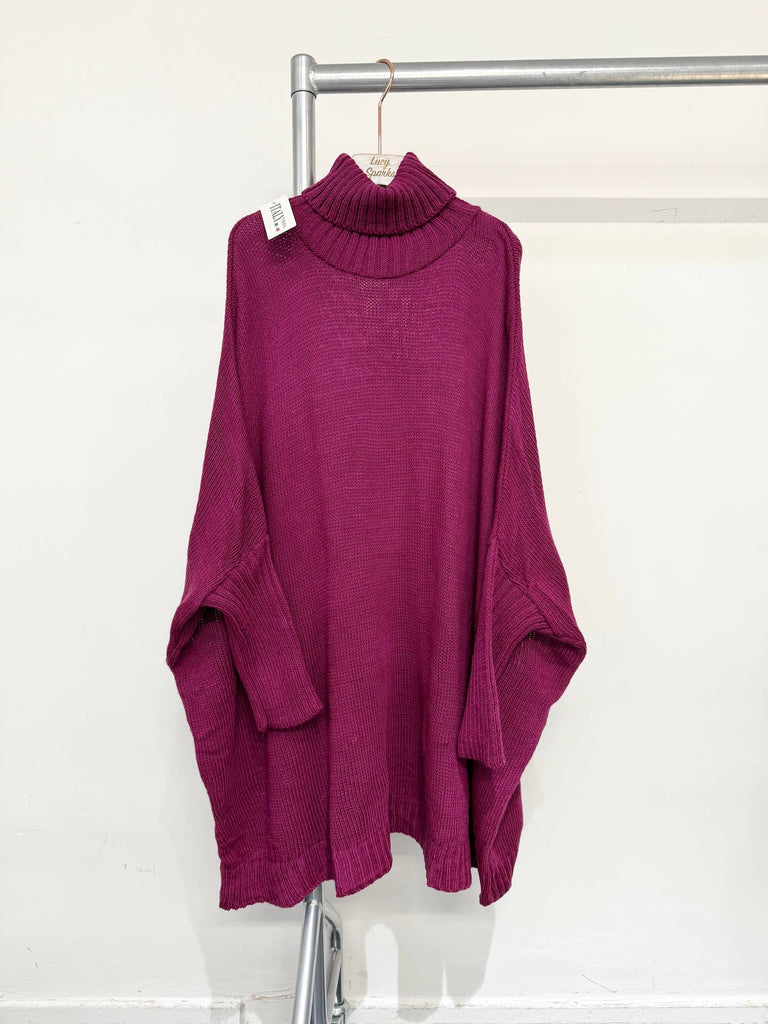 ROLL NECK ELONGATED JUMPER WITH FITTED SLEEVES: PURPLE