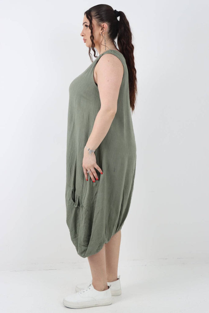 ITALIAN PLAIN BUTTON FRONT POCKETS LINEN VEST MIDI DRESS: DARK GREY