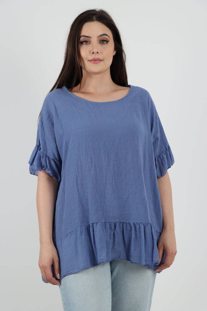 ITALIAN LAGENLOOK RUFFLE HEM COTTON TOP: DARK DENIM