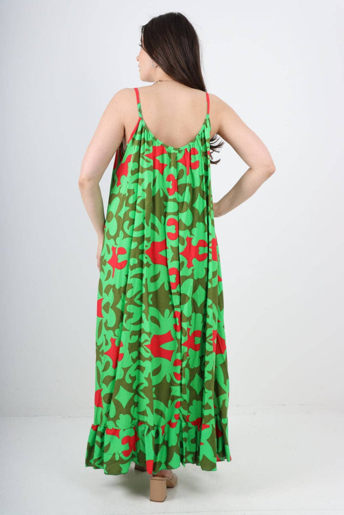 ITALIAN MULTI PATTERN PRINT  FRILL BOTTOM SLEEVELESS VEST SUN DRESS: GREEN