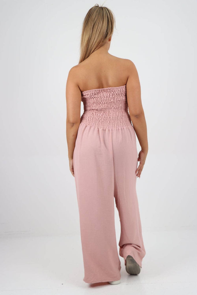 ITALIAN SHIRRED ELASTICATED WIDE LEG JUMPSUIT: BEIGE