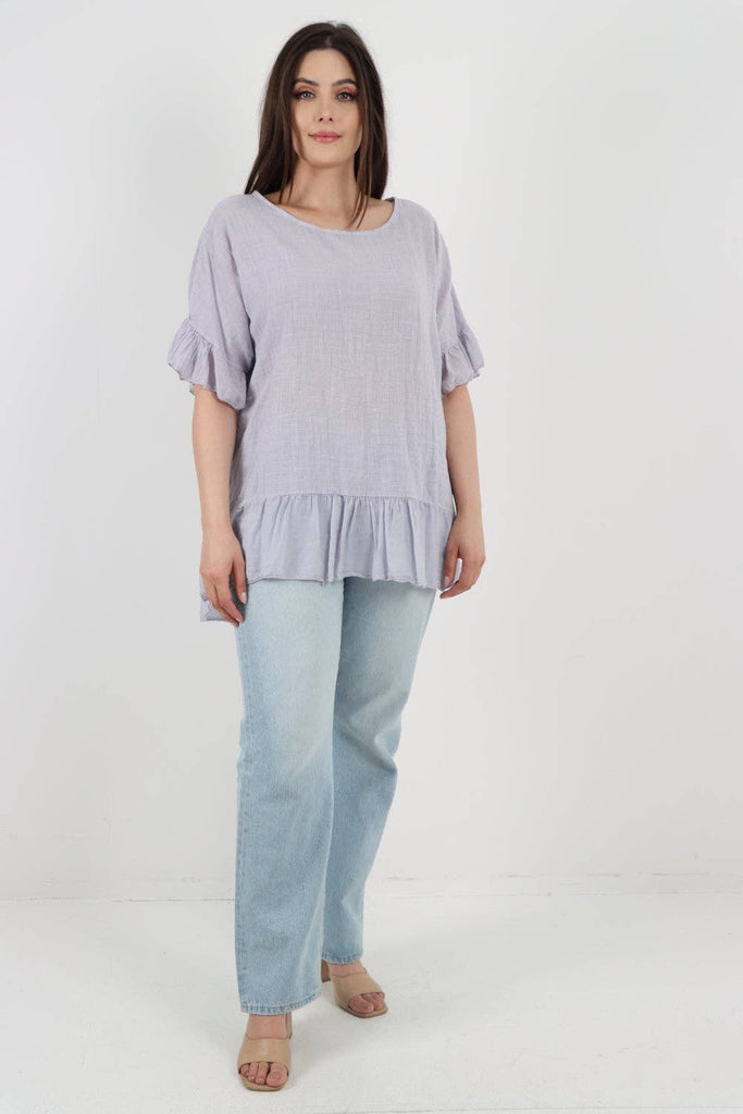 ITALIAN LAGENLOOK RUFFLE HEM COTTON TOP: DARK DENIM