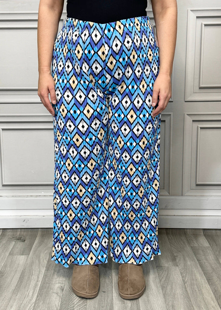 MULTI PRINT SUPER STRETCHY PLEATED PANTS : ROYAL BLUE & WHITE