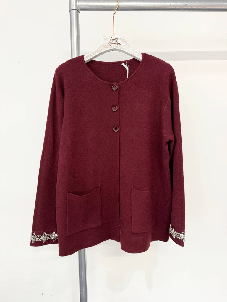 SOFT KNIT CARDIGAN WITH EMBELLISHED SLEEVES: BLACK