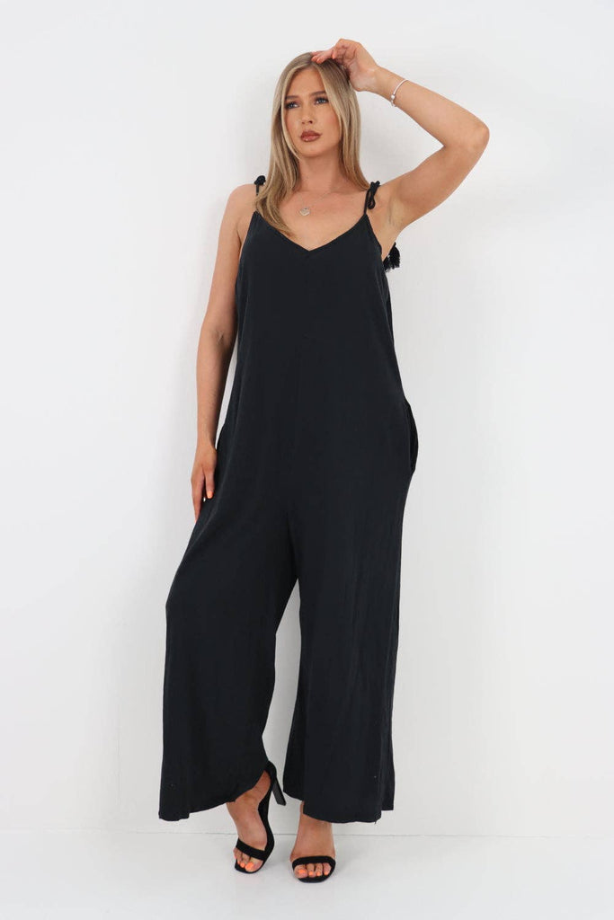 ITALIAN TIE SHOULDER STRAP JUMPSUITS: BLACK