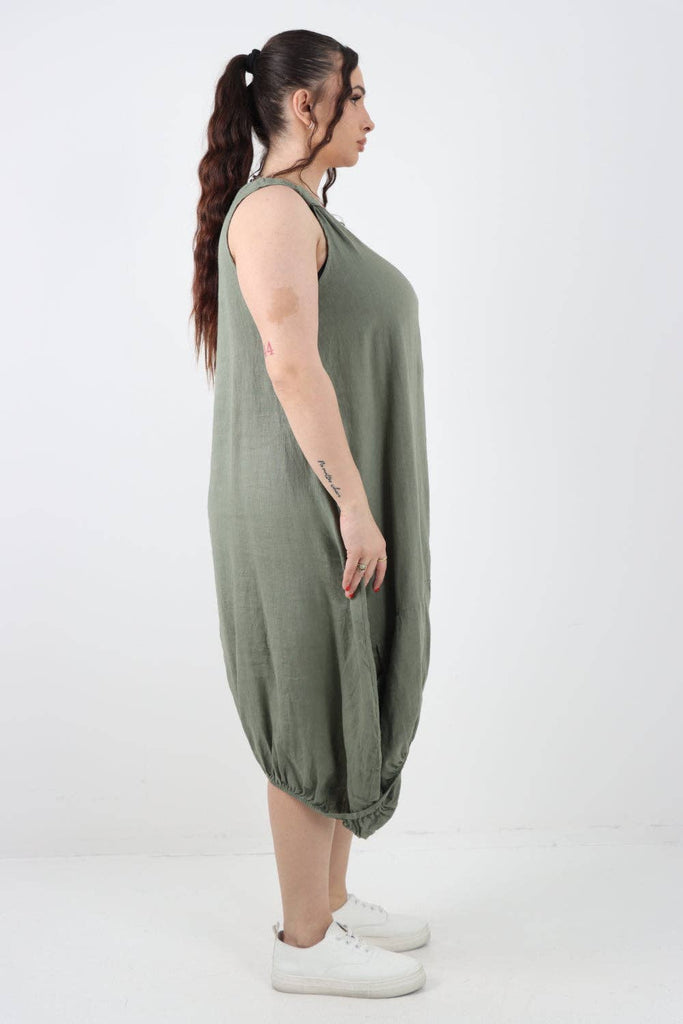 ITALIAN PLAIN BUTTON FRONT POCKETS LINEN VEST MIDI DRESS: DARK GREY