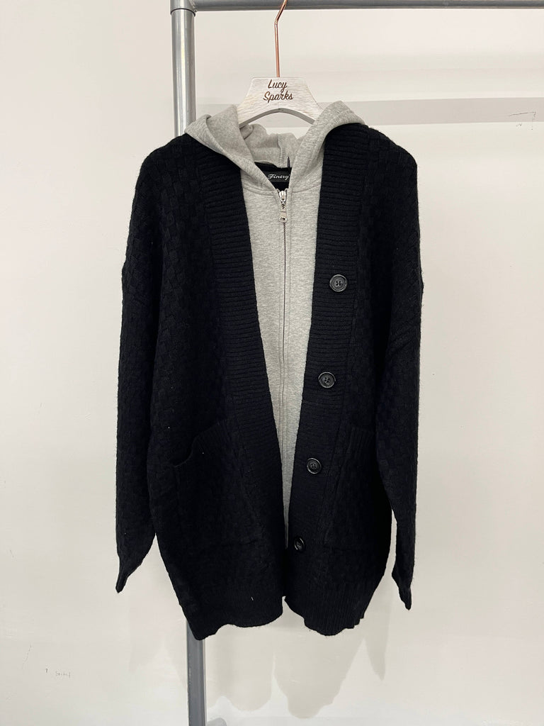 CHUNKY CABLE KNIT CARDIGAN WITH ZIP UP FLEECED HOODIE 1PIECE: BLACK