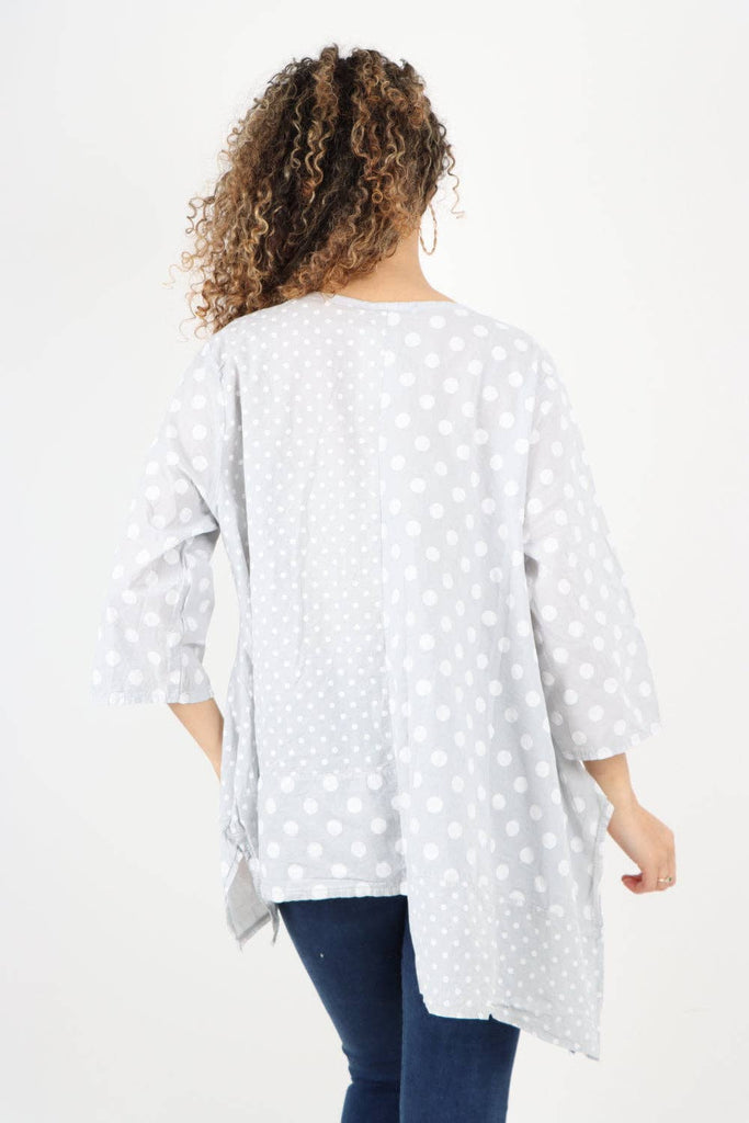 ITALIAN POLKA DOT PRINT ASYMMETRIC COTTON TUNIC TOP: GREY