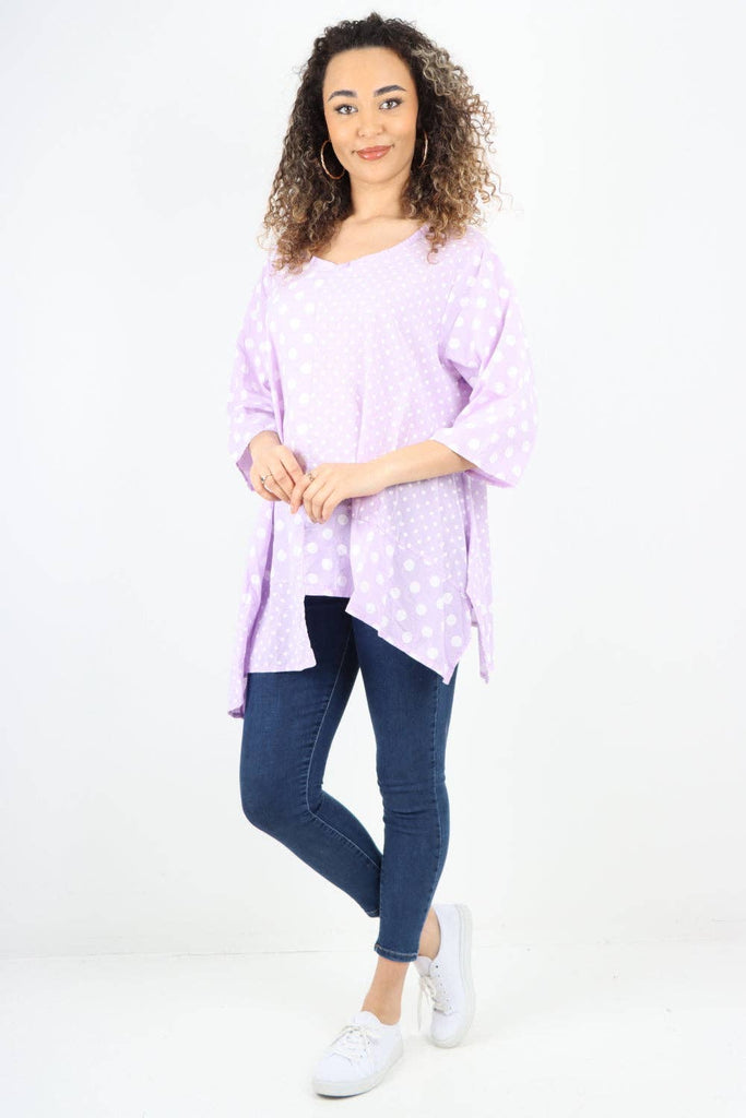 ITALIAN POLKA DOT PRINT ASYMMETRIC COTTON TUNIC TOP: GREY