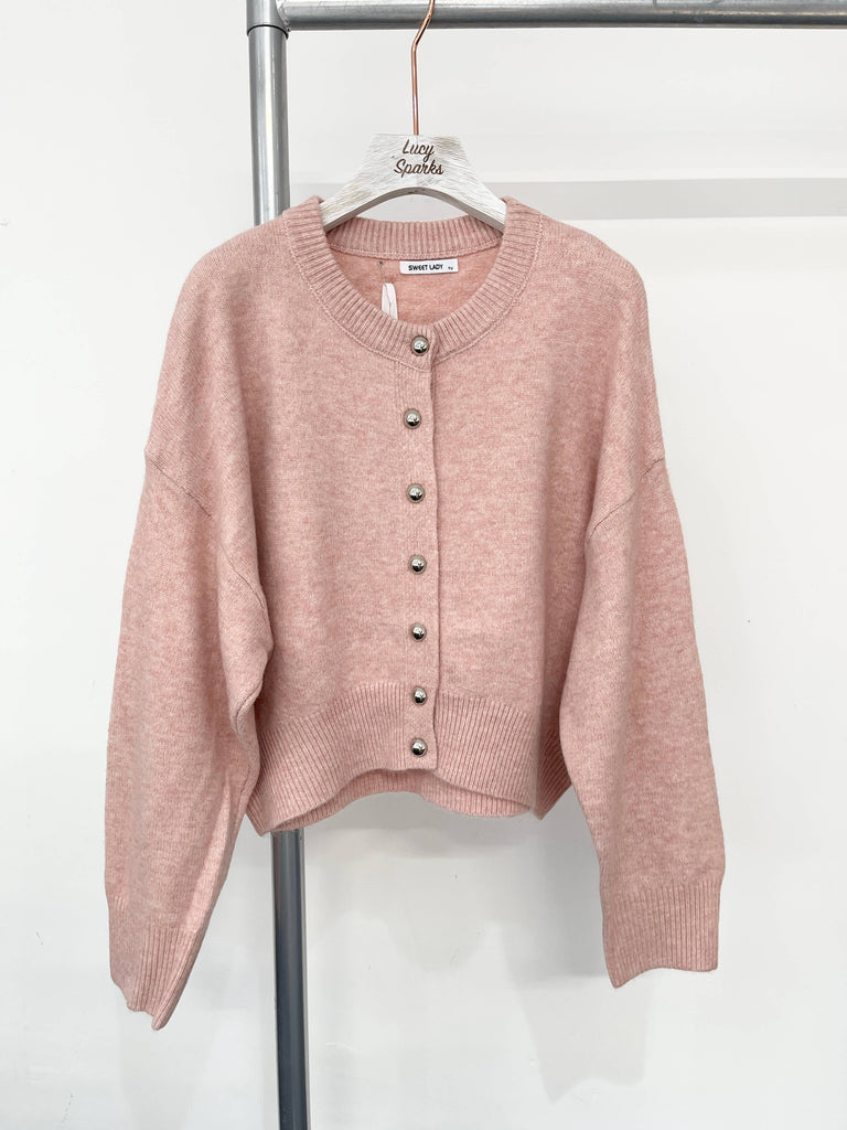 CHUNKY KNIT WOOL BLEND BUTTON UP CARDIGAN: PINK