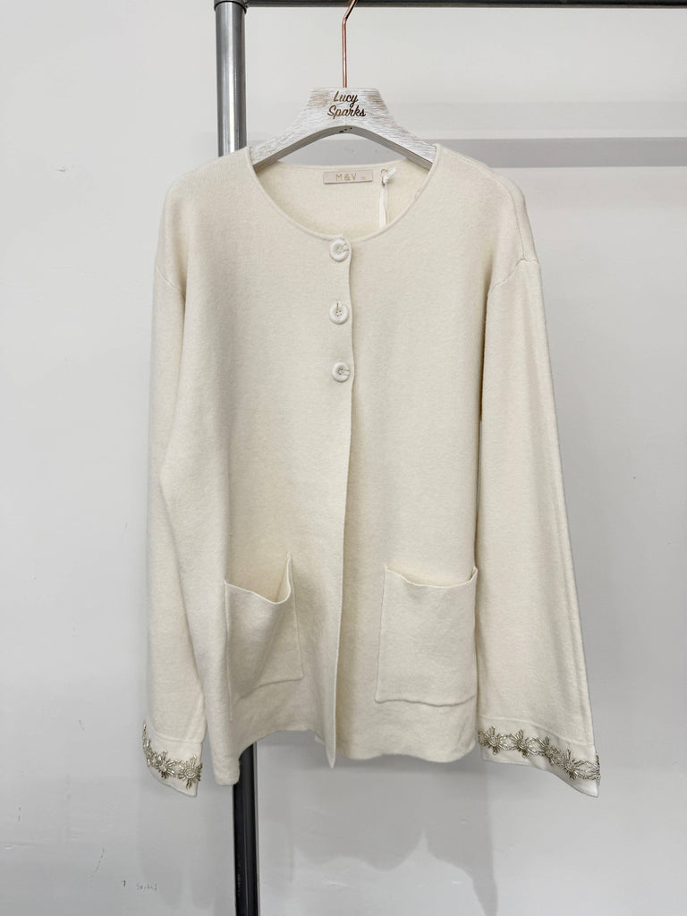 SOFT KNIT CARDIGAN WITH EMBELLISHED SLEEVES: BLACK