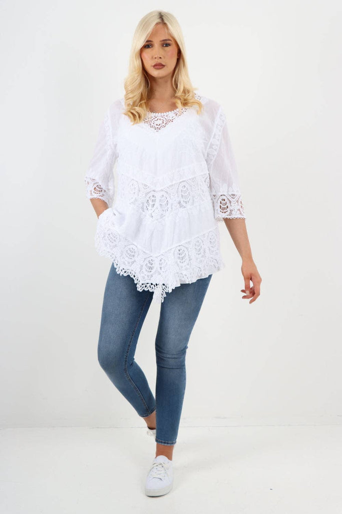 ITALIAN CROCHET LACE EMBROIDERED ASYMMETRICAL COTTON TOP: WHITE