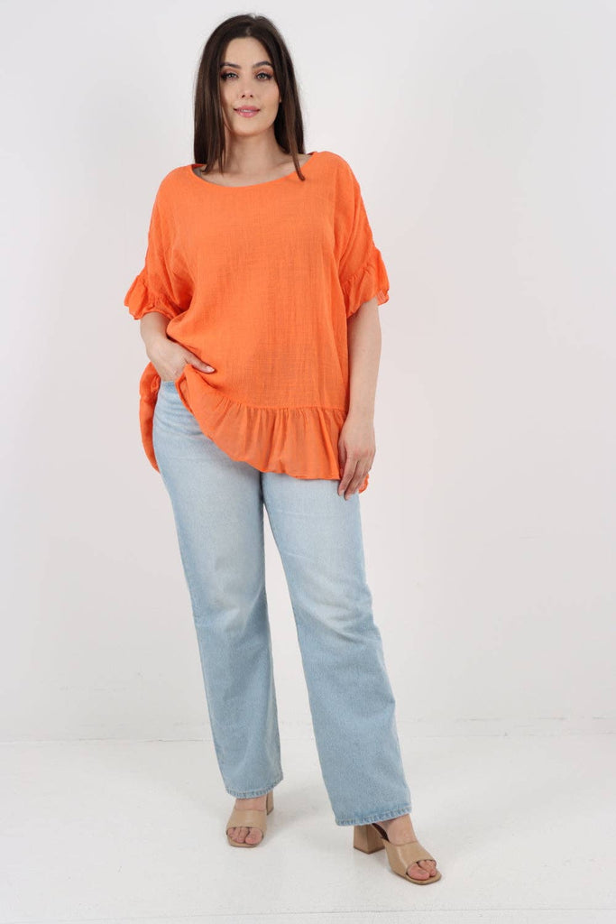 ITALIAN LAGENLOOK RUFFLE HEM COTTON TOP: DARK DENIM