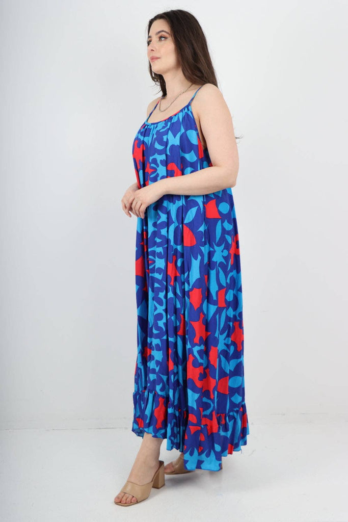 ITALIAN MULTI PATTERN PRINT  FRILL BOTTOM SLEEVELESS VEST SUN DRESS: ROYAL BLUE