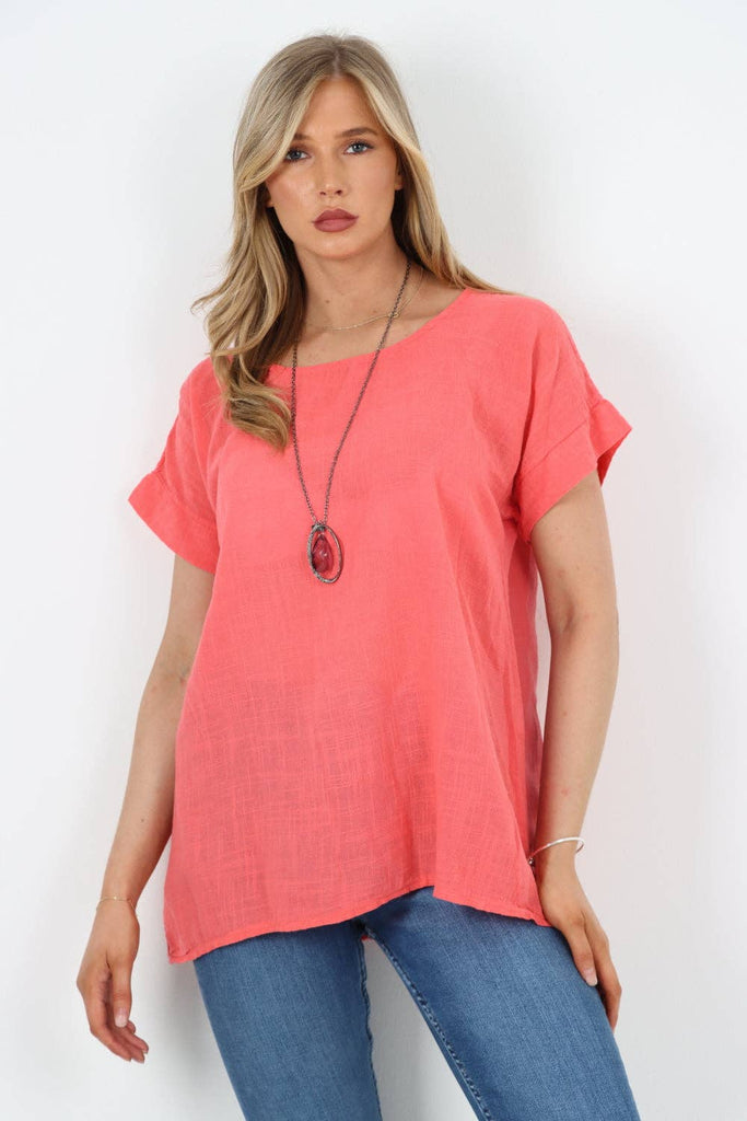 ITALIAN SHORT SLEEVE COTTON NECKLACE TOP: CORAL