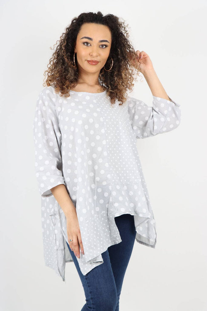 ITALIAN POLKA DOT PRINT ASYMMETRIC COTTON TUNIC TOP: GREY