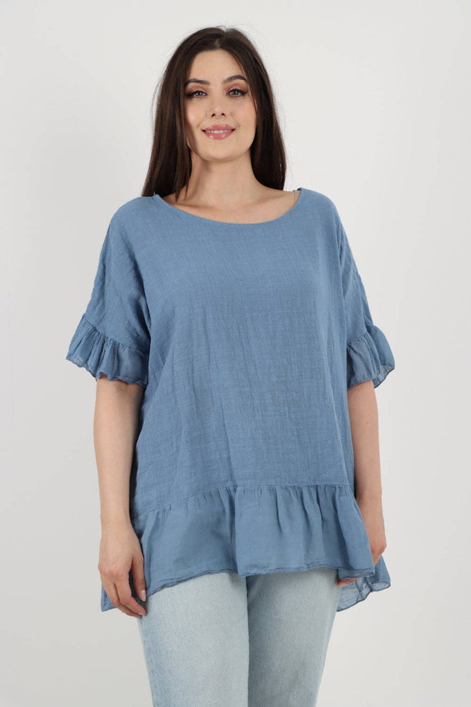 ITALIAN LAGENLOOK RUFFLE HEM COTTON TOP: DARK DENIM