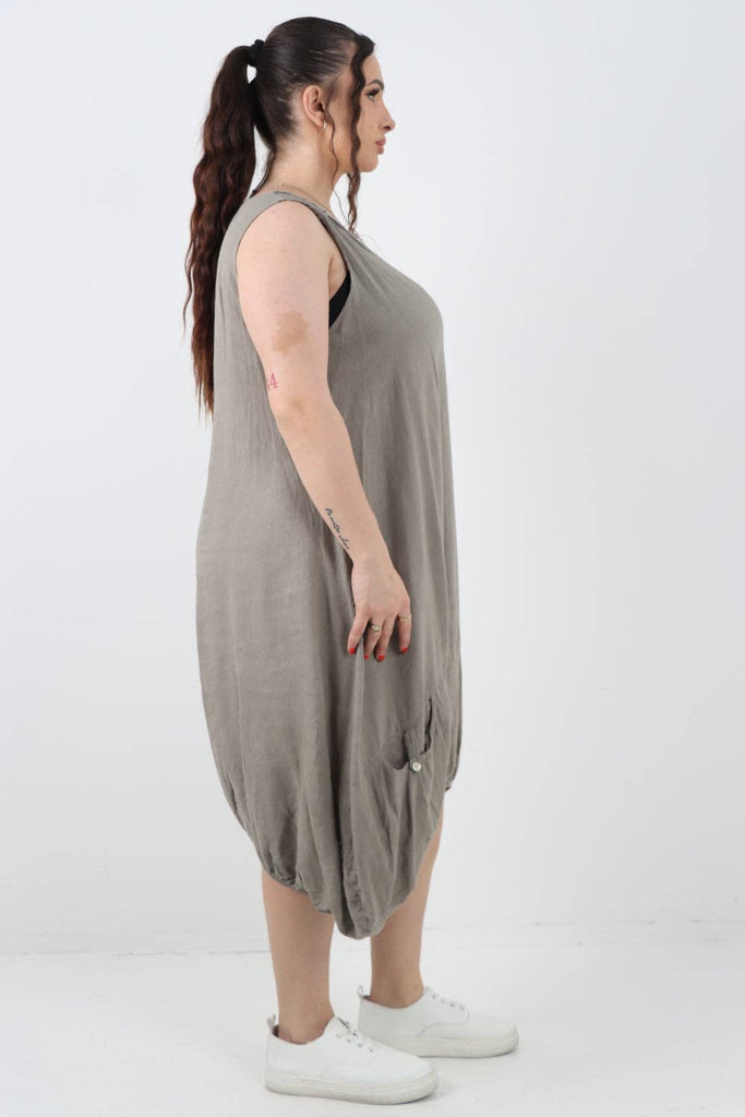 ITALIAN PLAIN BUTTON FRONT POCKETS LINEN VEST MIDI DRESS: DARK GREY