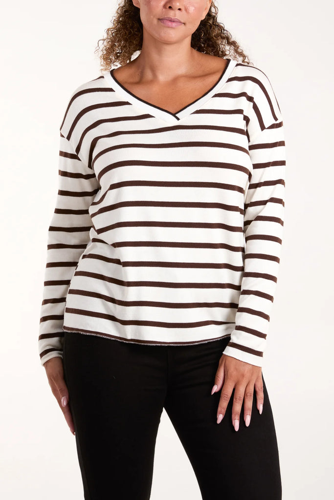 V-NECK STRIPED LONG SLEEVE TOP - BROWN