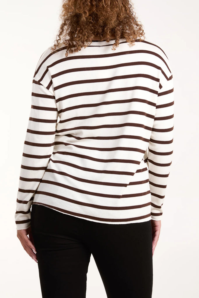 V-NECK STRIPED LONG SLEEVE TOP - BROWN