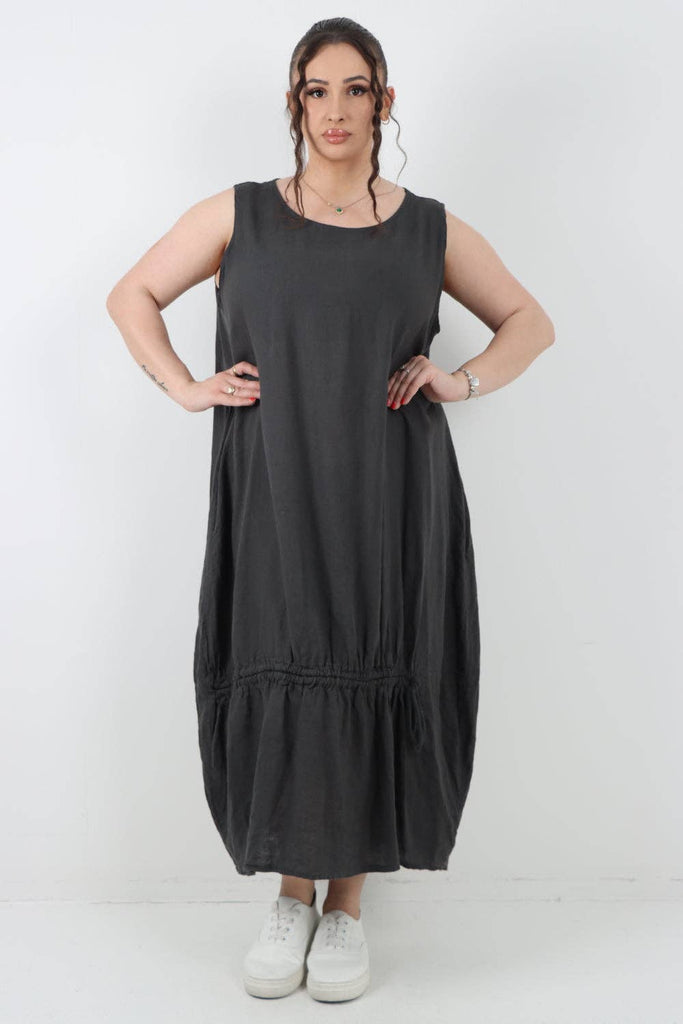 ITALIAN OVERSIZED BLEND PULL TIE COCOON SLEEVELESS DRESS: NAVY