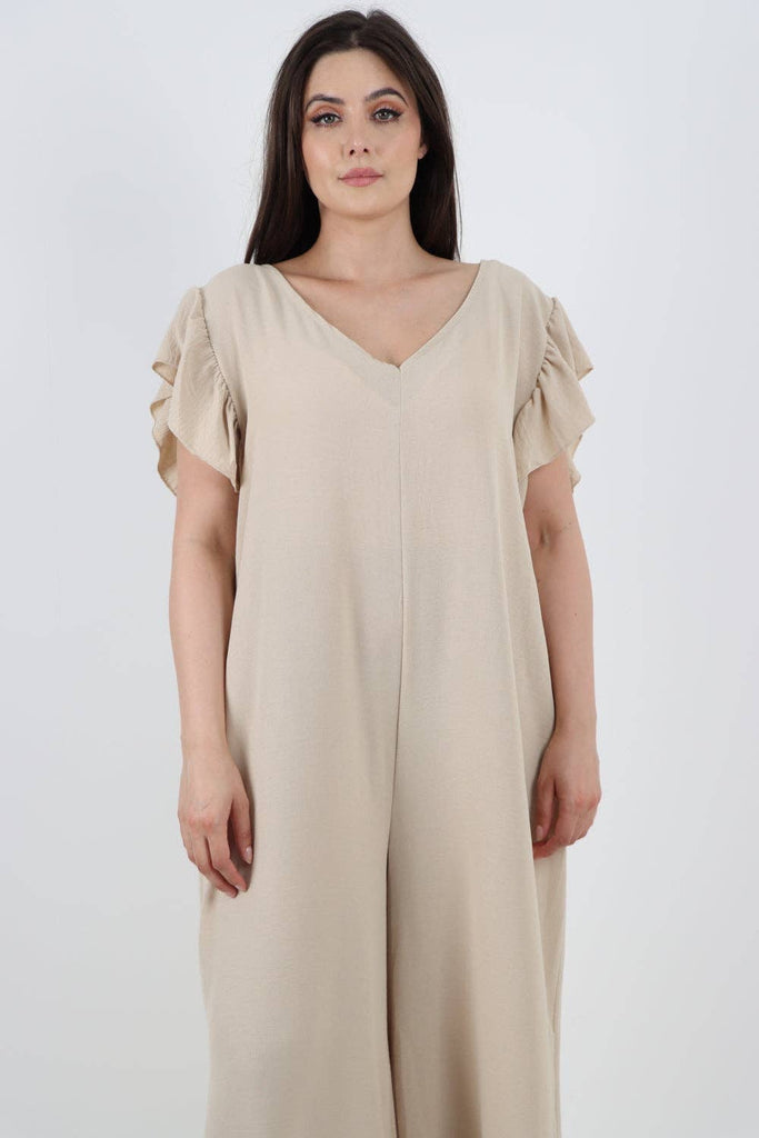 ITALIAN RUFFLED SLEEVE BACK TIE OPEN WIDE LEG JUMPSUIT: BEIGE