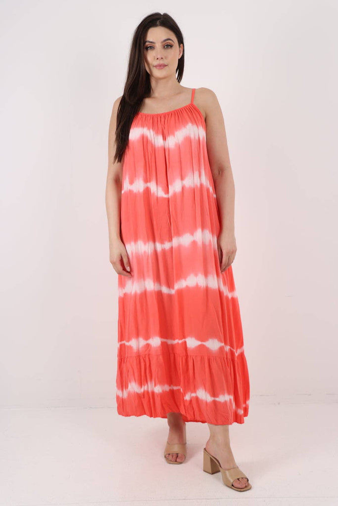 ITALIAN TIE DYE PRINT RUFFLE HEM SUN DRESS: CORAL