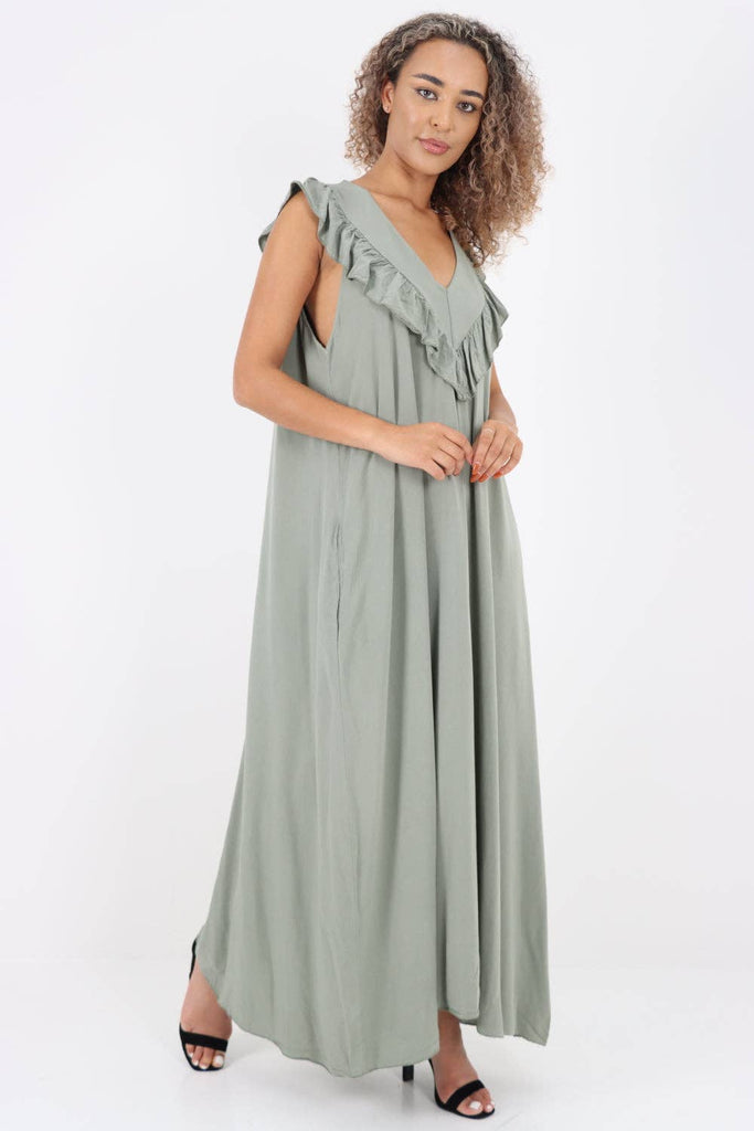 ITALIAN FRILL V NECK SIDE POCKETS MAXI DRESS: PINK / ONE SIZE TO FIT UK 8-18