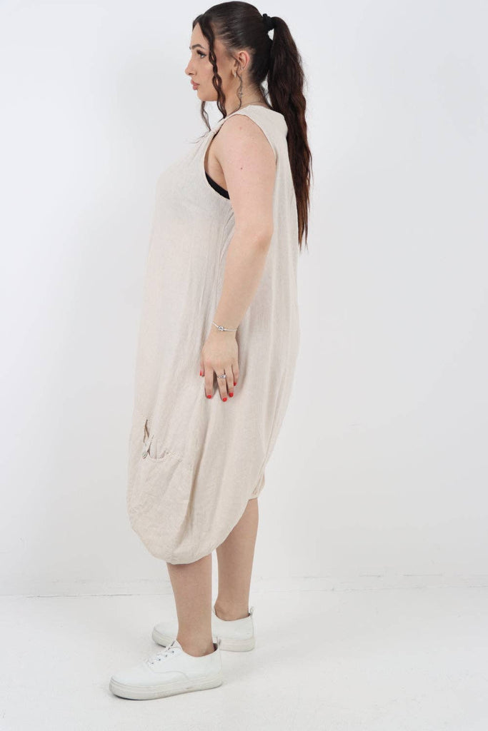 ITALIAN PLAIN BUTTON FRONT POCKETS LINEN VEST MIDI DRESS: DARK GREY