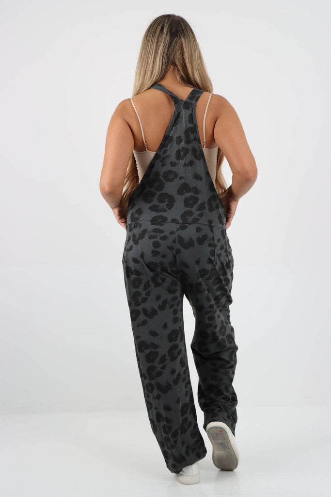 ITALIAN LEOPARD PRINT COTTON SLEEVELESS DUNGAREES: BEIGE