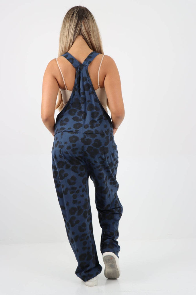 ITALIAN LEOPARD PRINT COTTON SLEEVELESS DUNGAREES: BEIGE