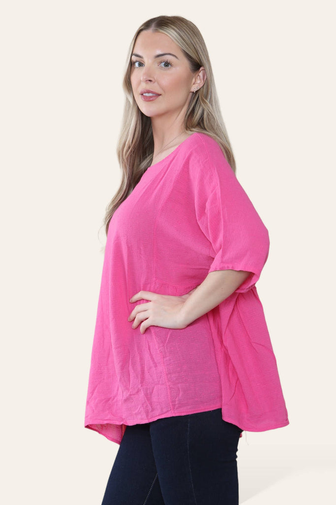 PURE COTTON PLAIN BASIC TOP WITH RUCHED SIDES: PINK