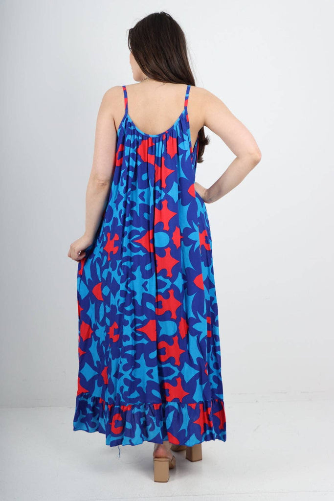 ITALIAN MULTI PATTERN PRINT  FRILL BOTTOM SLEEVELESS VEST SUN DRESS: ROYAL BLUE