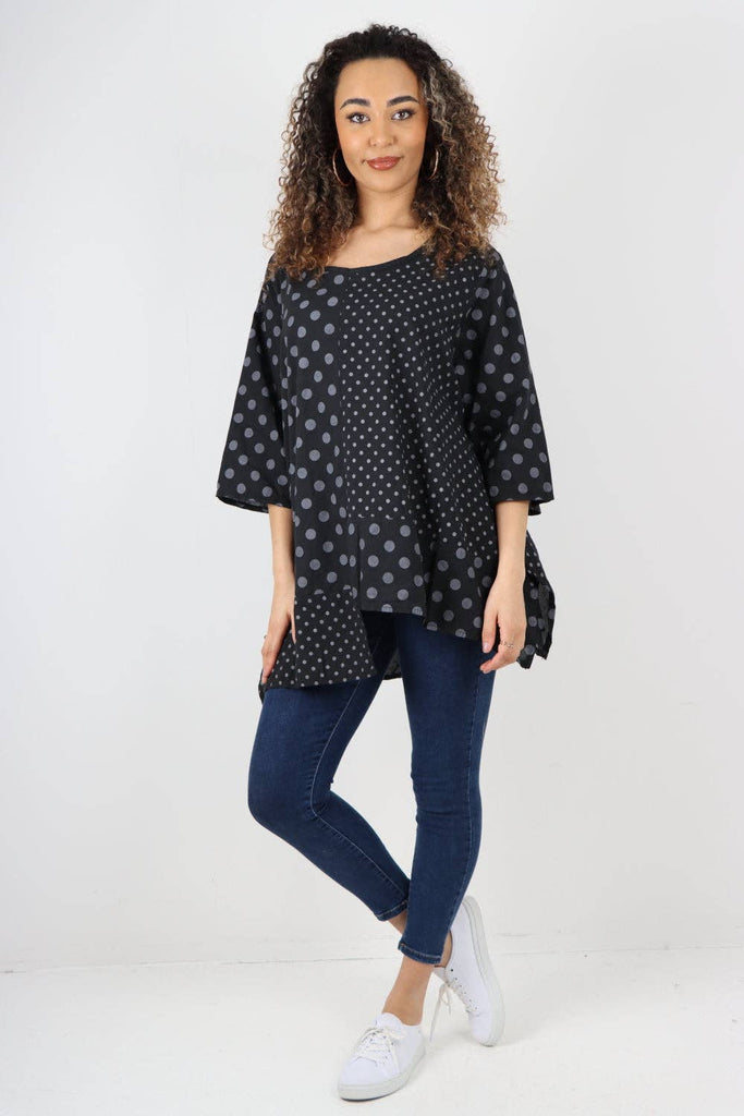 ITALIAN POLKA DOT PRINT ASYMMETRIC COTTON TUNIC TOP: GREY