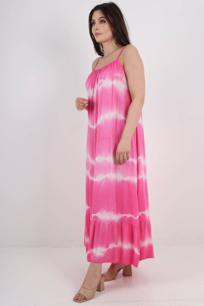 ITALIAN TIE DYE PRINT RUFFLE HEM SUN DRESS: CORAL